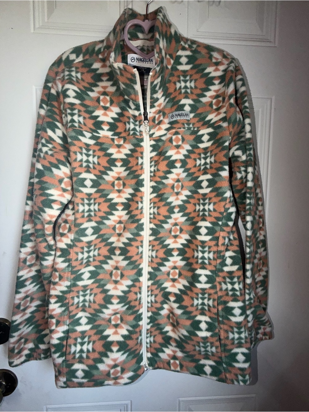Magellan Outdoors Geometric Fleece Jacket in Green, Peach & Cream
